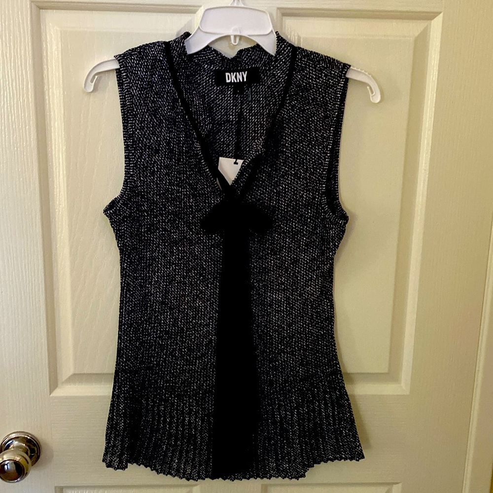 DKNY tie neck peplum blouse in black and white size Large. Brand new with tags.
